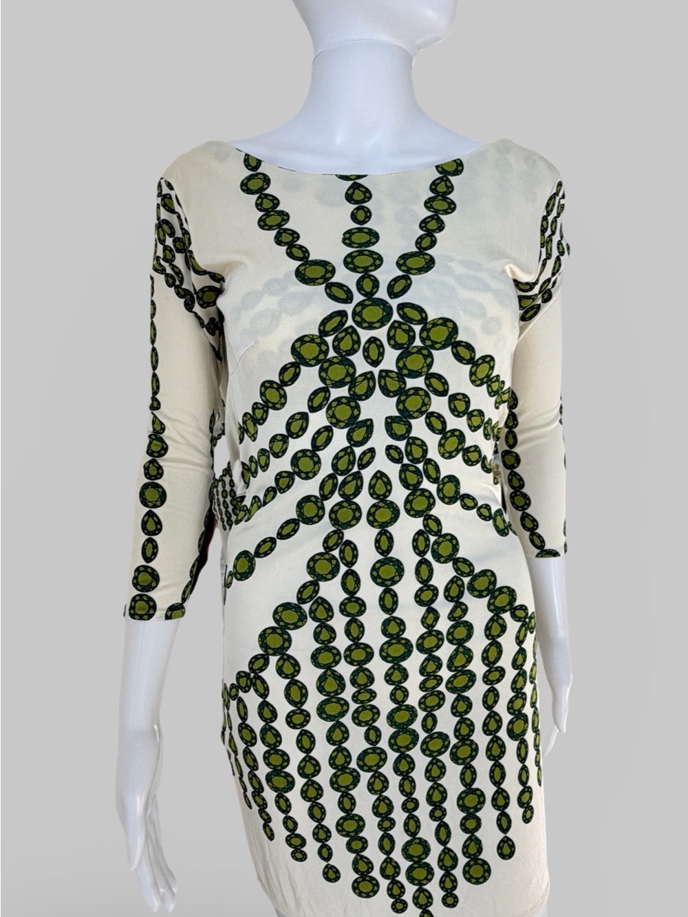 Mara Hoffman Vintage Cream Dress with Green Circular Motif, Draped Back